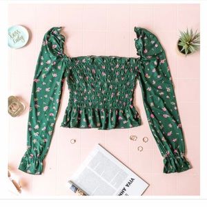 Dark Green Smocked Long Sleeve Crop Top